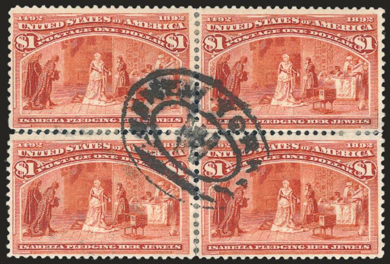 $1.00 Columbian (241).> Block of four, intense shade and impression, single central strike of New York registry oval cancel, perfs separated and sensibly rejoined<><>FINE-VERY FINE. A SCARCE USED BLOCK OF FOUR
OF THE $1.00 COLUMBIAN ISSUE.^<><>A