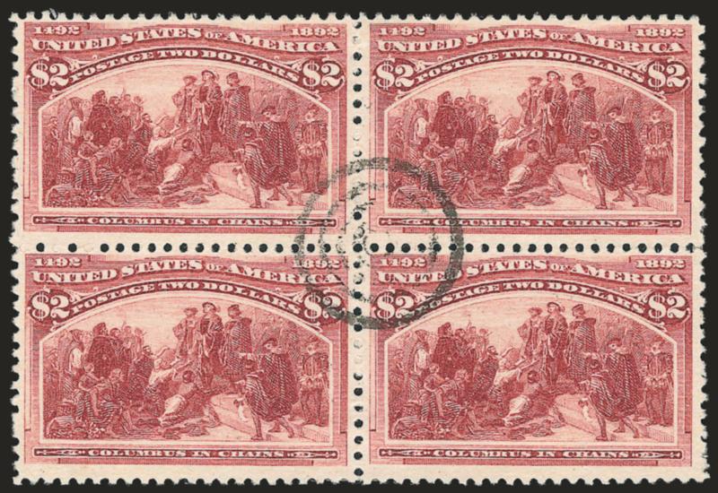 $2.00 Columbian (242).> Block of four, brilliant color, detailed impression, neat centrally-struck target cancel<><>^VERY FINE AND CHOICE. A BEAUTIFUL USED BLOCK OF THE $2.00 COLUMBIAN ISSUE.^<><>A search of all
of our Rarities sales, plus the la