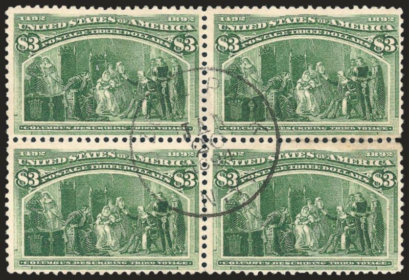 $3.00 Columbian (243).> Block of four, bright color, detailed impression, centrally-struck Ozone Park N.Y. Jan. 20, 1894 circular datestamp, few perf separations expertly rejoined, faint stains at right<><>^VERY
FINE APPEARANCE. A SCARCE USED BLO