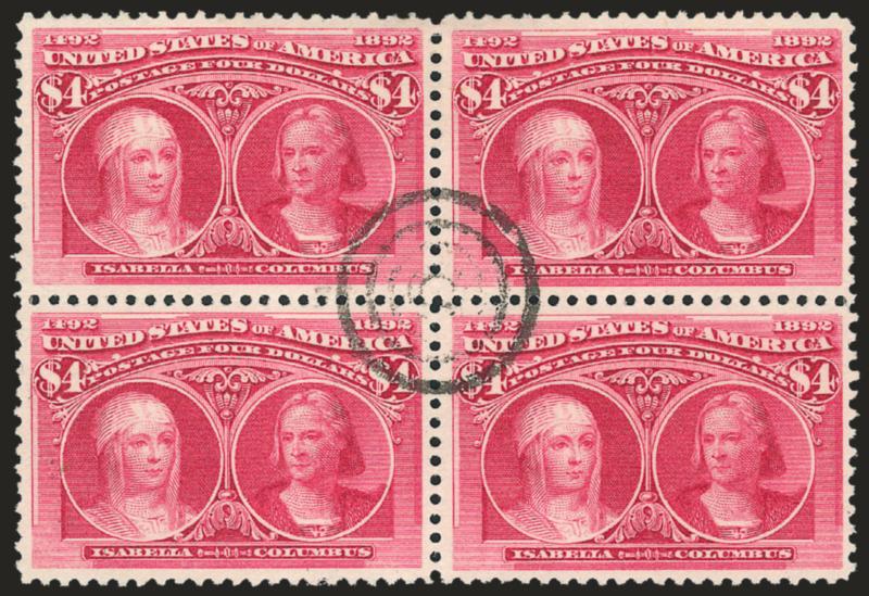 $4.00 Columbian (244).> Block of four, deep rich color on bright paper, centrally-struck target cancel, unusually choice centering throughout<><>^EXTREMELY FINE. A BEAUTIFUL USED BLOCK OF FOUR OF THE $4.00
COLUMBIAN ISSUE. A WONDERFUL SHOWPIECE.^<