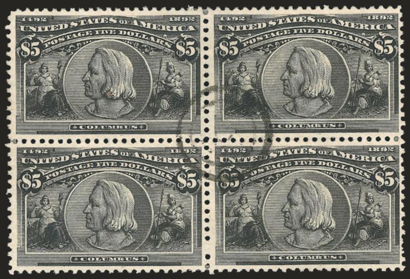 $5.00 Columbian (245).> Block of four, intense shade and proof-like impression, neat strike of centrally-struck target cancel, unusually choice centering, few trivial natural inclusions<><>^VERY FINE-EXTREMELY
FINE. A RARE USED BLOCK OF FOUR OF THE