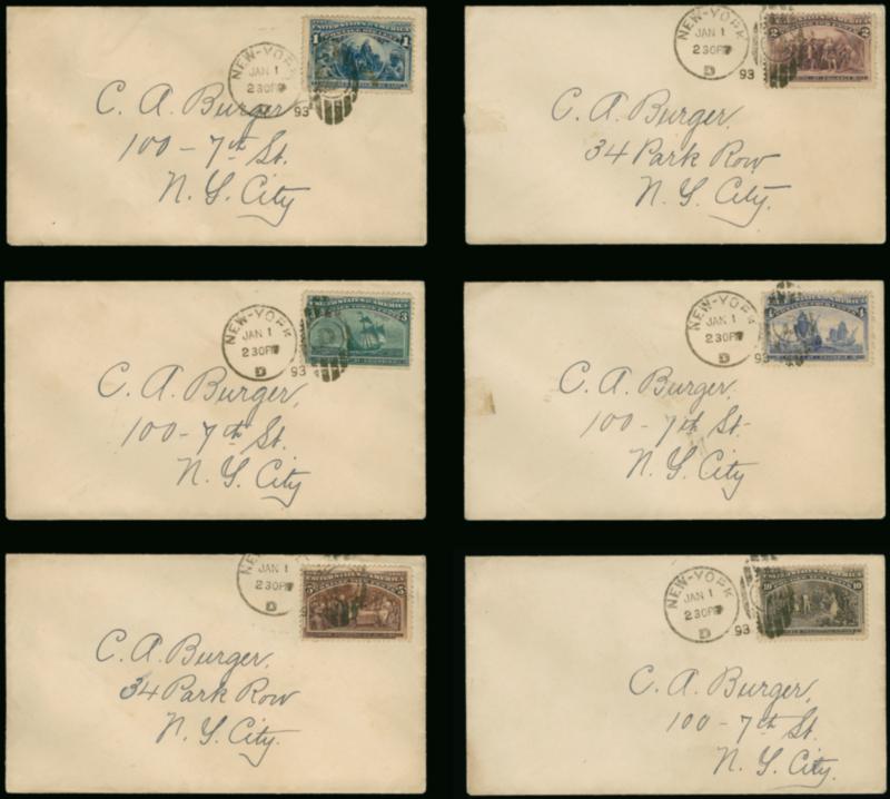 1c-5c, 10c Columbian (230-234, 237).> The famous six Burger covers, each with a single value tied by <true First Day New-York D Jan. 1, 2:30PM 93> duplex cancel on small cover neatly addressed in the same hand
to C. A. Burger at 100 7th St. or 34