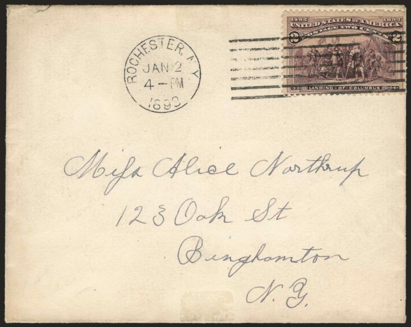 2c Columbian (231).> Tied by Rochester N.Y. Jan. 2, 1893 machine cancel on <First Day> cover to Binghamton N.Y., deep rich color and proof-like impression, few perfs barely affected at right from placement near
edge of cover, trivial cover tear at