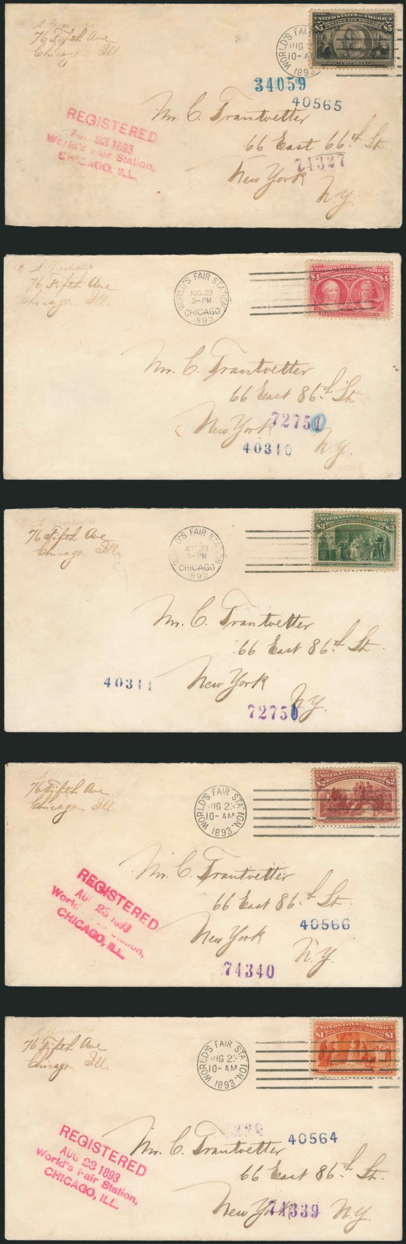 $1.00-$5.00 Columbian (241-245).> Each tied by <Worlds Fair Station Aug. 22 or Aug. 23 machine cancels> on separate registered covers to New York City, addressed to Mr. C. A. Trautvetter, the $3.00 and $4.00
cancelled on Aug. 22, others cancelled on