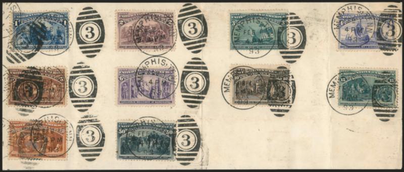 1c-50c Columbian (230-235, 237-240).> Tied by neat strikes of Memphis Tenn. Feb. 1, 1893 duplex cancels on oversize piece, 4c s.e. at top, few flaws incl. file folds and 4c diagonal crease, appears Fine-Very
Fine, colorful and impressive item