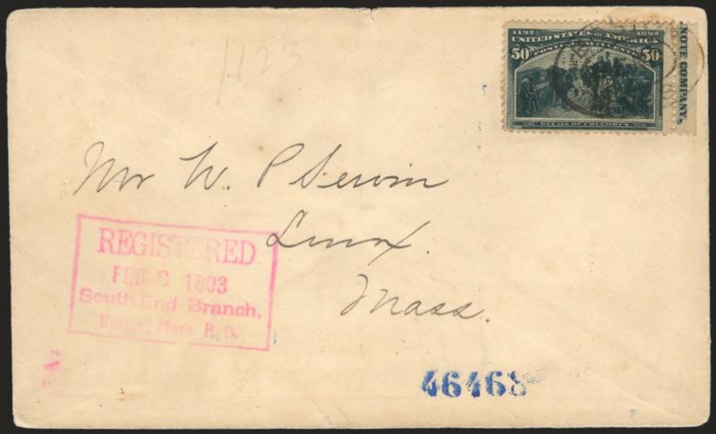 1c-50c Columbian (230-240).> Each on separate cover addressed to Mr. W. P. Servin in Lenox Mass., <each with part imprint selvage at right,> 1c-6c tied by Boston South End Mass. Feb. 8, 1893 machine cancels,
10c-50c tied by Boston Mass. registry ov