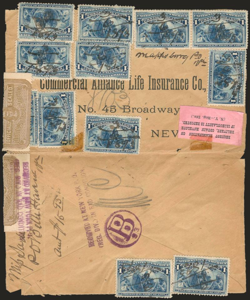 1c Columbian (230).> Twelve, all singles except for one pair, each cancelled by ms. 361893on registered cover to Commercial Alliance Life Insurance Co. in New York, docketing indicates origination in Va. and
that contents were $15.93, purple Rec