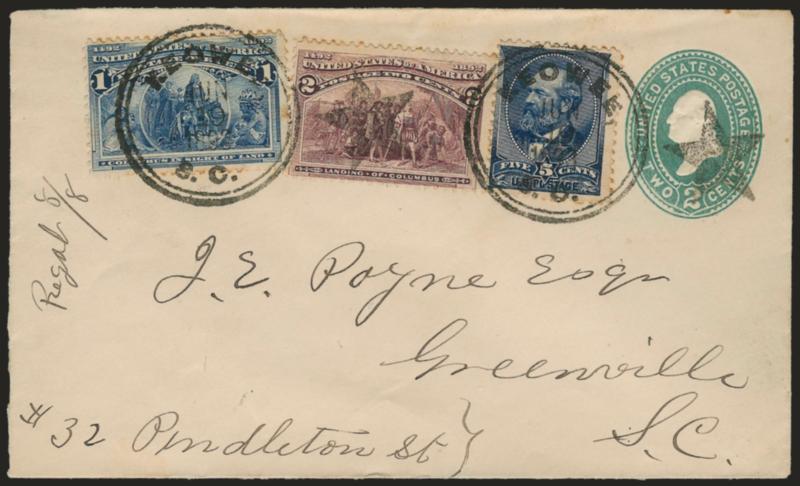 1c, 2c Columbian (230-231).> Used with 5c Indigo (216), tied by Keowee S.C. Jun. 19, 1893 with star duplex double-circle datestamps on 2c Green entire to Greenville S.C., few slightly toned perfs, otherwise Very
Fine, colorful and proper registered