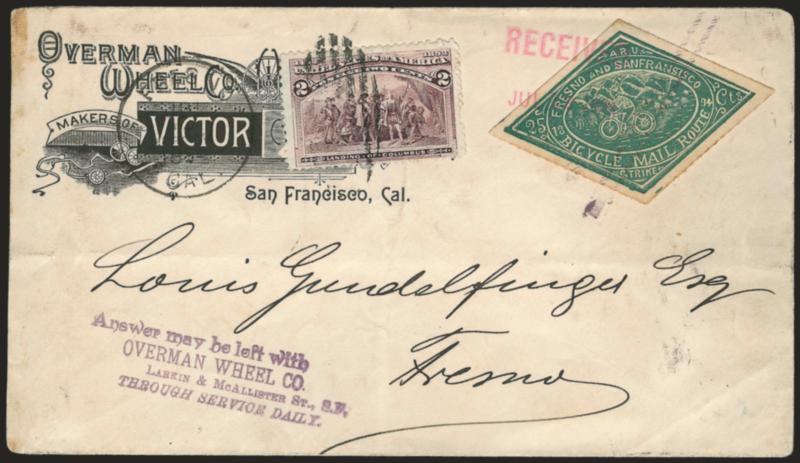 2c Columbian (231).> Tied by Fresno Cal. Jul. 16, 1894 duplex on <illustrated advertising> cover used locally, also bearing icycle Mail Route, Cal., 25c Green (12L1),> spelling error San Fransisco, tied by
purple handstamp, with large purple V