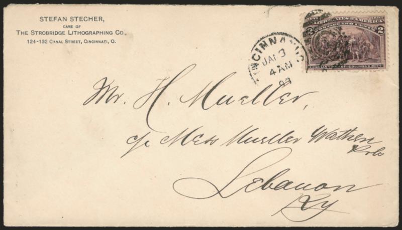 2c Columbian (231).> Tied by Cincinnati Jan. 3, 1893 duplex on cover to Lebanon Ky., receiving backstamp, Very Fine, this is <the earliest reported usage from Cincinnati>