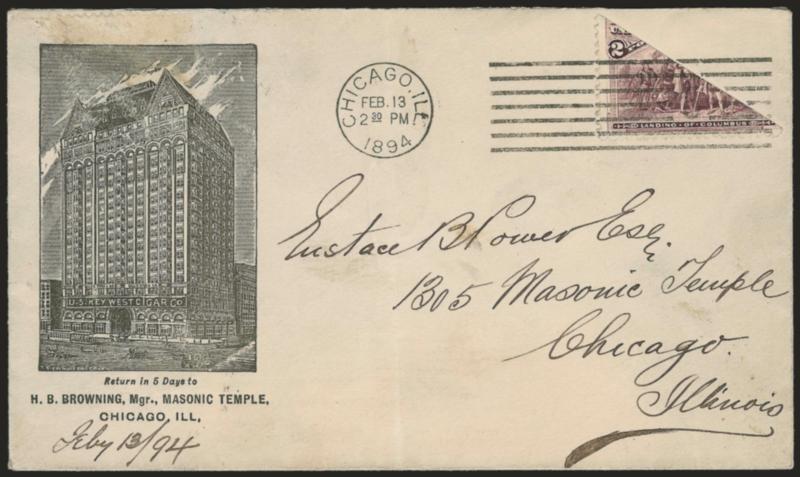 2c Columbian, Diagonal Bisect (231 var).> Bottom left diagonal half, tied by Chicago Ill. Feb. 13, 1894 machine cancel on <illustrated Masonic Temple> cover to local address, some slight wear, vertical file fold
well clear of stamp, Very Fine, unus