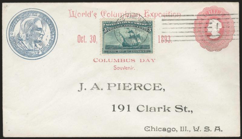 3c Columbian (232).> Tied by Worlds Fair Station, Chicago, Oct. 30, 1893 machine cancel on <Chile Postal Stationery entire> with portrait of Columbus and with printed bust of Columbus at left and Worlds
Columbian Exposition, Oct. 30, 1893. Colum