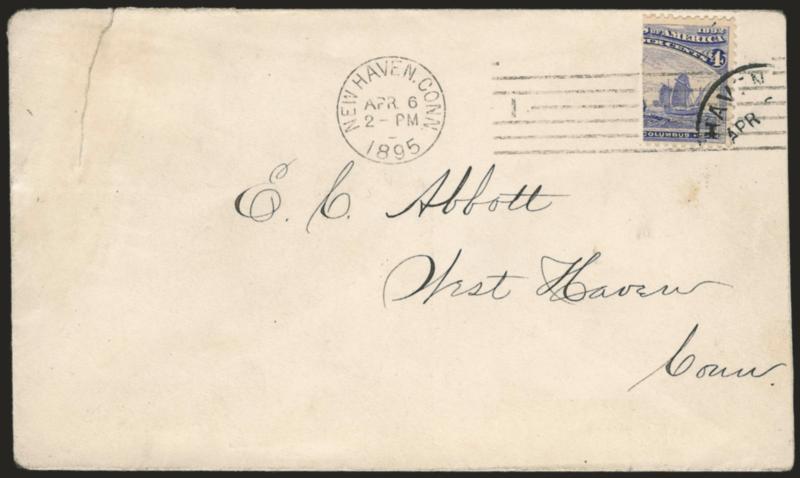4c Columbian, Vertical Bisect (233 var).> Right half, tied by New Haven Conn. Apr. 6, 1895 machine cancel and also by similar handstamp on cover to West Haven Conn., cover tear at left, otherwise Very Fine,
scarce and unusual usage