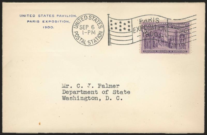 6c Columbian (235).> Tied by <United States Postal Station, Sep. 6, 1-PM Paris Exposition 1900 flag machine cancel> on Paris Exposition cover to Washington D.C., fresh and Very Fine, unusual usage sent from the
American postal station at the Paris