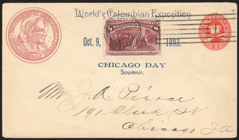 8c Columbian (236).> Tied by Worlds Fair Station, Oct. 21, 1893 machine cancel on <Denmark Postal Stationery entire> with printed portrait of Columbus at left and Worlds Columbian Exposition, Oct. 9, 1893,
Chicago Day Souvenir to Mr. J. A. Pier