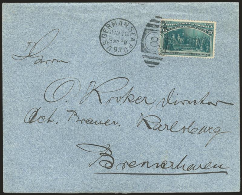 15c Columbian (238).> Deep rich color, tied by well-struck <U.S. German Sea P.O., Jun. 18, 1893> duplex on green cover <to Bremerhaven Germany,> back of cover with printed return address in Russian from Odessa,
fresh and Very Fine, Scott Retail wit