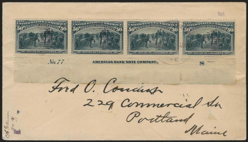 50c Columbian (240).> Bottom imprint, plate no. 77 and letter S strip of four, tied by address and also by purple Portland Me. ??, 1894 duplex cancels on registered cover to local address, red Portland Me.
registered datestamp is only partly read