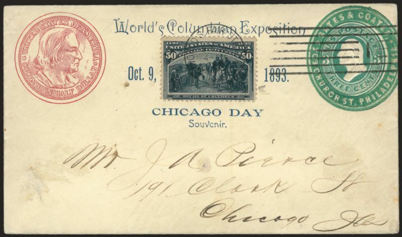 50c Columbian (240).> Deep rich color, tied by Worlds Fair Station, Oct. 30, 1893 machine cancel on <3c Green entire with Coates advertising collar> and printed portrait of Columbus in red and Worlds Columbian
Exposition Oct. 9, 1893, Chicago Da