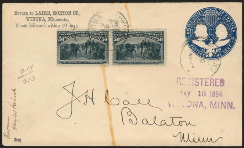 50c Columbian (240).> Horizontal pair, each stamp with <plate scratch,> tied by light strike of Winona Minn. May 16, 1894 circular datestamp on <1c Deep Blue, Columbian entire (U348),> similarly cancelled, to
Balaton Minn., purple Registered, May