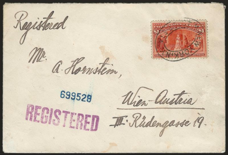 $1.00 Columbian (241).> Tied by New York N.Y. 4th St. Sta. oval registry handstamp on registered cover <to Vienna, Austria,> addressed to Mr. A. Hornstein, various New York May 24, 1927 transit backstamps, cover
with some slight wear, Very Fine, a