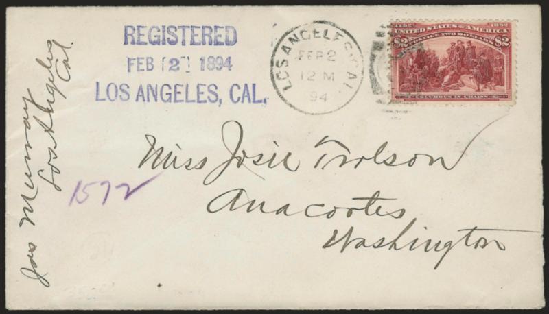 $2.00 Columbian (242).> Tied by Los Angeles Cal. Feb. 2, 1894 duplex on registered cover addressed to Miss Josie Trolson in Anacortes Wash., blue Registered, Feb. 2, 1894, Los Angeles Cal. three-line datestamp,
fresh and Fine, a scarce example of