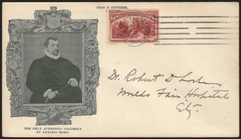 $2.00 Columbian (242).> Tied  by Worlds Fair Station, Oct. 30, 1893 machine cancel on Gunther cover with printed illustration of Columbus painting by Moro> and addressed to Dr. Robert D. Locke at the Worlds Fair
Hospital, light vertical file fold