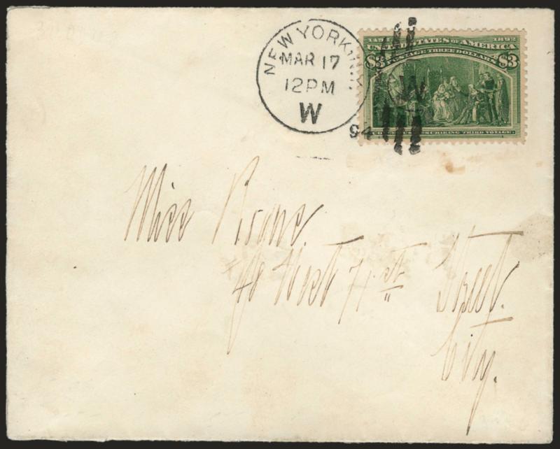 $3.00 Columbian (243).> Unusually choice centering, tied by New York Mar. 17, 1894 duplex on cover to local address, receiving backstamp, trivial spot of cover soiling below stamp, otherwise Extremely Fine, a
beautiful example of the $3.00 Columbia
