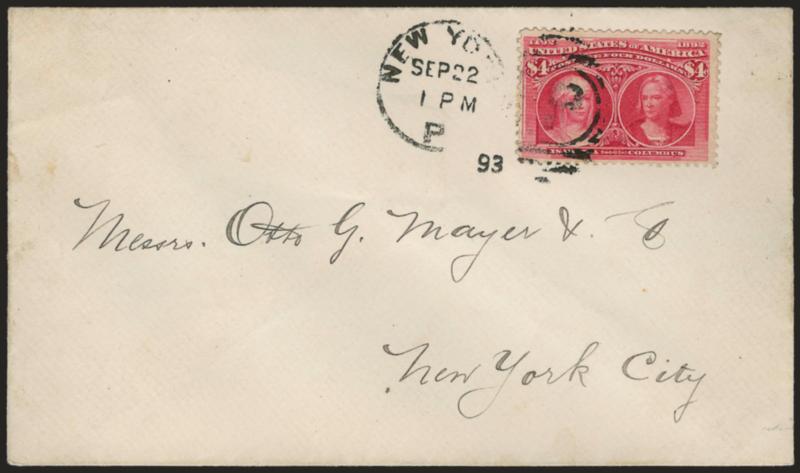 $4.00 Columbian (244).> Radiant color, tied by New York Sep. 22, 1893 duplex cancel on cover addressed to Otto G. Mayer & Co. in New York City, fresh and Fine, a scarce and attractive high-value Columbian Issue
cover, a brief history of the recipie