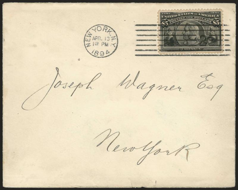 $5.00 Columbian (245).> Almost perfectly centered with wide and balanced margins, tied by New York N.Y. Apr. 13, 1894 machine cancel on cover to Joseph Wagner in New York City, cover with tiny edge tear at
bottom<><>^EXTREMELY FINE GEM. A SUPERB