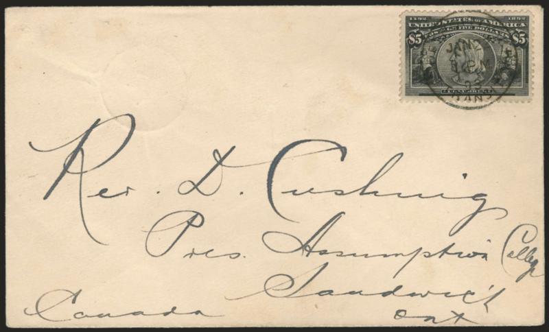 $5.00 Columbian (245).> Unusually choice centering with wide margins, intense shade and proof-like impression, tied by well-struck Detroit Mich. Transit, Jan. 22, 1893 1P.M. circular datestamp on cover <to
Sandwich, Ontario, Canada,> addressed to R