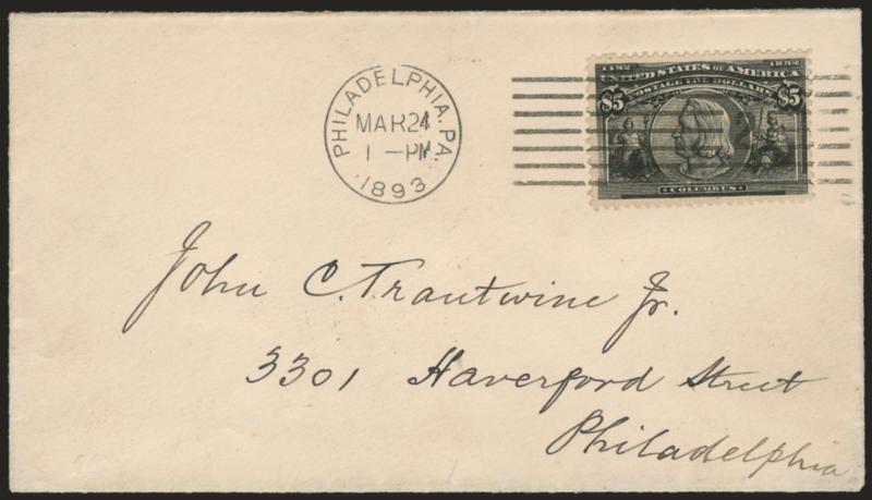 $5.00 Columbian (245).> Tied by Philadelphia Pa. Mar. 24, 1893 1-P.M. machine cancel on cover addressed to John C. Trautwine, Jr. in Philadelphia, detailed impression<><>^VERY FINE. A BEAUTIFUL EXAMPLE OF THE
$5.00 COLUMBIAN ISSUE ON COVER.^<><
