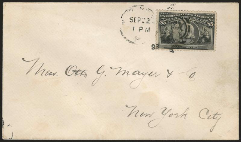 $5.00 Columbian (245).> Wide margins, tied by light strike of Sep. 22, 1893 N.Y. duplex cancel on cover to Otto Mayer & Co. in New York City, some trivial soiling<><>^VERY FINE. AN ATTRACTIVE AND RARE COVER
BEARING THE $5.00 COLUMBIAN ISSUE.^<><>
