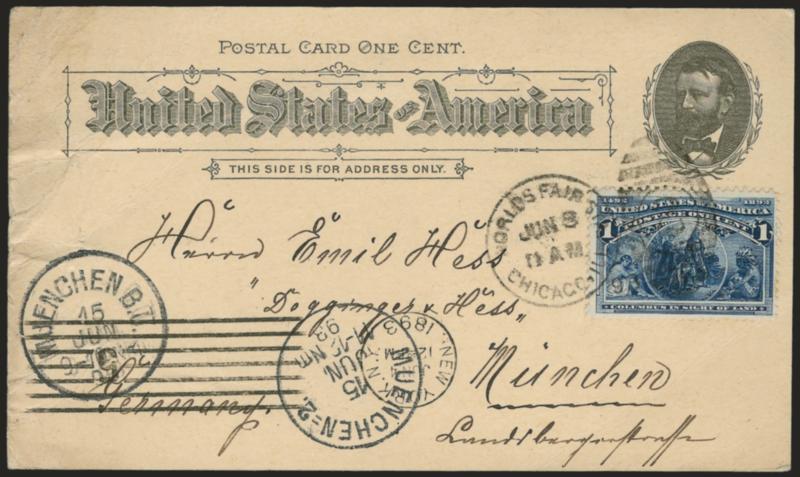 1c Fisheries Building, Columbian Exposition Card (UPSS Set No. 1, EX12).> Used with 1c Columbian (230), tied by Worlds Fair Sta., Chicago Ill., Jun. 8, 1893 duplex <to Munich, Germany,> transit and receiving
datestamps, some creasing particularly