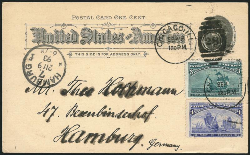 1c U.S. Naval Exhibit, Columbian Exposition Card (UPSS Set No. 2, EX24).> Used with 3c and 4c Columbians (232, 233)and tied by Chicago Ill. Sep. 8, 1893 duplexes <to Hamburg, Germany,> receiving datestamp at
left, trivial edgewear, Very Fine, color