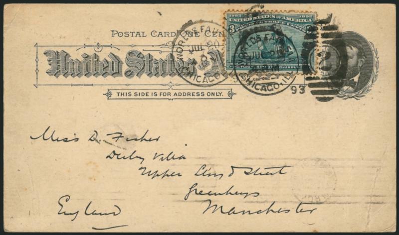 1c Manufacturers and Liberal Arts Building, Columbian Exposition Card (UPSS Set No. 3, EX27).> Used with 3c Columbian (232) and cancelled by Worlds Fair Station, Chicago Ill., Jul. 20, 1893 duplex <to
Manchester, England,> New York transit backst