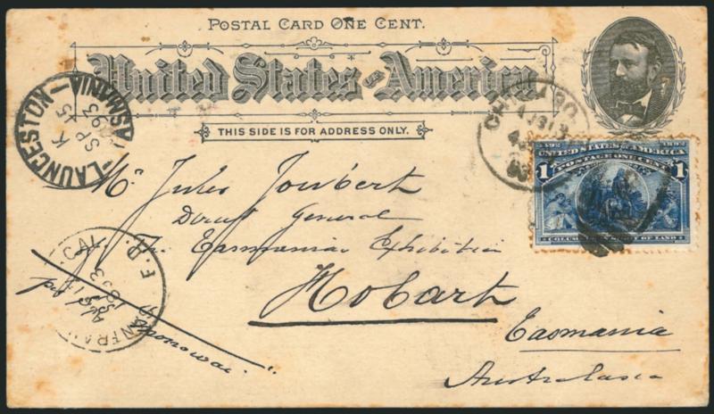1c Agricultural Building, Columbian Exposition Card (UPSS Set No. 3, EX28).> Used with 1c Columbian (230), tied by Chicago Aug. 13, 1893 duplex <to Hobart, Tasmania (Australia),> neat San Francisco and
Launceston transit datestamps, receiving backs