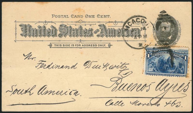 1c Horticultural Building, Columbian Exposition Card (UPSS Set No. 3, EX30).> Used with 1c Columbian (230) and tied by Chicago Ill. Jul. 14 duplexes <to Buenos Ayres, Argentina,> transit and receiving
backstamps, some toning around stamp and on car