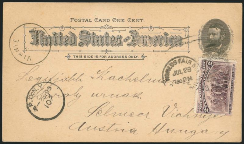 1c Mines Building, Columbian Exposition Card (UPSS Set No. 3, EX31).> Used with 2c Columbian (231) and tied by Worlds Fair Sta., Chicago Ill., Jul. 23, 1893 duplex <to Vinhye, Austria, Hungary,> transit and
receiving datestamps, adherence on bac