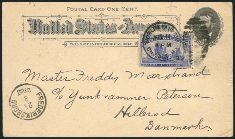 1c Womans Building, Columbian Exposition Card (UPSS Set No. 3, EX33).> Used with 4c Columbian (233), tied by Worlds Fair Sta., Chicago Ill., Aug. 11, 1893 duplex <to Hillerod, Denmark,> transit datestamp, small
adherences and scotch tape mark on