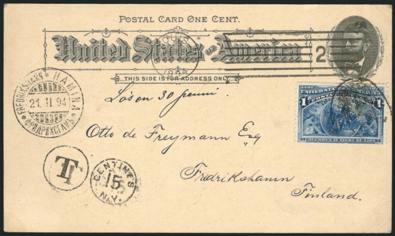 1c Government Building, Columbian Exposition Card (UPSS Set No. 4, EX35).> Used with 1c Columbian (230), stamp tied by oval and card cancelled by St. Louis Mo. Feb. 5, 1894 machine cancel <to Fredrikshamn,
Finland,> receiving datestamp, also with 