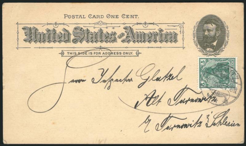 1c Government Building, Columbian Exposition Card (UPSS Set No. 3, EX35).> Uncancelled, used with <Germany 5pf stamp,> tied by Domitz 31.12.02 circular datestamp <to Tornowitz, Germany,> minor edgewear, Very
Fine, used entirely outside of the Unite