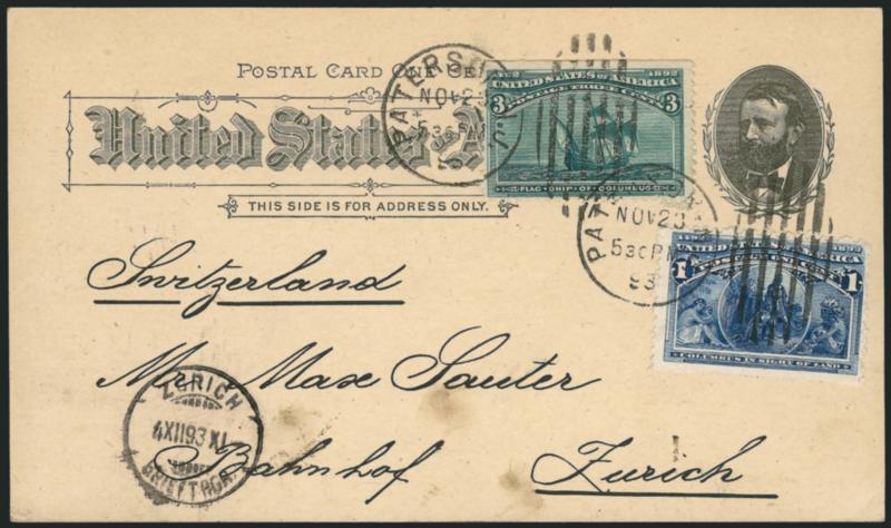 1c Administration Building, Columbian Exposition Card (UPSS Set No. 4, EX36).> Used with 1c and 3c Columbians (230, 232), tied by Patterson N.J. Nov. 23, 1893 duplex <to Zurich, Switzerland,> receiving
datestamp, stamps s.e. on one side, trivial ca