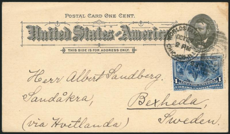 1c Electrical Building, Columbian Exposition Card (UPSS Set No. 4, EX39).> Used with 1c Columbian (230) and tied by Worlds Fair Sta., Chicago Ill. Oct. 27, 1893 duplex <to Bexheda, Sweden,> stamp with some
toning around perfs, card with light edge