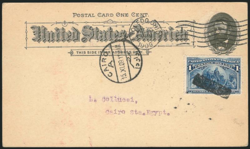 1c Fisheries Building, Columbian Exposition Card (UPSS Set No. 4, EX42).> Used with 1c Columbian (230), tied by bar killer, entire cancelled by Toledo Ohio Oct. 30, 1909 machine cancel <to Cairo, Egypt,>
receiving datestamp, small scuff near design