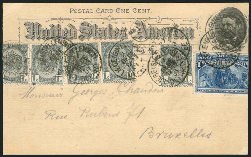 1c U.S. Naval Exhibit, Columbian Exposition Card (UPSS Set No. 4, EX44).> Used with 1c Columbian (230) which is tied by Liegeiguilleninsi Depart Dec. 12, 1901 circular datestamp <to Brussels, Belgium,> card also
franked with <five 1c Belgium stamps