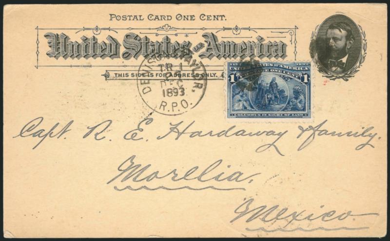 1c Womans Building, Columbian Exposition Card (UPSS Set No. 5, EX49).> Used with 1c Columbian (230), tied by cork, clear strike of <Deniston & Taylor R.P.O. Dec. 25, 1893> circular datestamp <to Marelia,
Mexico,> transit and receiving backstamps,