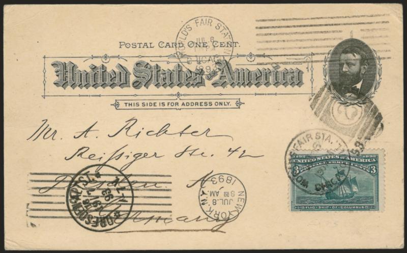 1c Mines and Mining Building, Columbian Exposition Card (UPSS Set No. 7, EX73a).> Used with 3c Columbian (232) and tied by Worlds Fair Sta., Chicago Ill., Jul. 6, 1893 duplex and <also with exposition machine
cancel of the same date> and addressed
