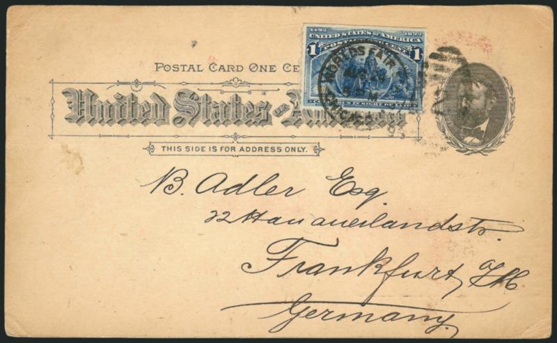 1c Machinery Building, Columbian Exposition Card (UPSS Set No. 10, EX78).> Used with 1c Columbian (230) and tied by Worlds Fair Sta. Chicago Ill. Aug. 24, 1893 duplex <to Frankfurt, Germany,> New York transit
backstamp, some slight toning and some
