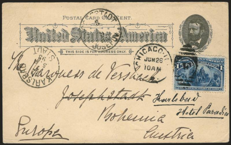 1c Panorama of Fair Buildings, Columbian Exposition Card (UPSS Set No. 11, EX84).> Used with 1c Columbian (230), tied by Chicago Ill. Jun. 26 duplex <to Josephstadt, Austria and forwarded to Karlsbad,> circular
datestamps from both cities, card wit