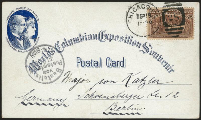 5c Columbian (234).> Tied by Chicago Ill. Sep. 19 duplex on postcard with similar design to UPSS Set 11, EX82, <to Berlin, Germany,> diagonal crease, otherwise Very Fine